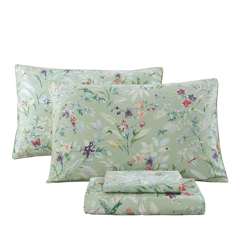 URBONUR Garden Floral Sheets Set Sage Green 4Pcs Full Size, Egyptian Cotton Silky Cooling Bed Sheets Set, Wrinkle Resistant Deep Pocket 16 Inches (Full, Green Leaves Butterfly & Floral)