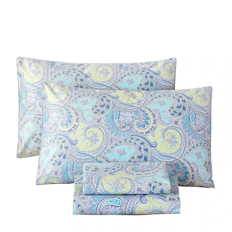 URBONUR Paisley Sheets Set Queen Size 4Pcs Bohemian Paisley Bedding Sheets Collection Luxury 100% Cotton Sheets Set Silky Smooth & Crisp Bed Linen Set (4pcs, Blue Paisley)