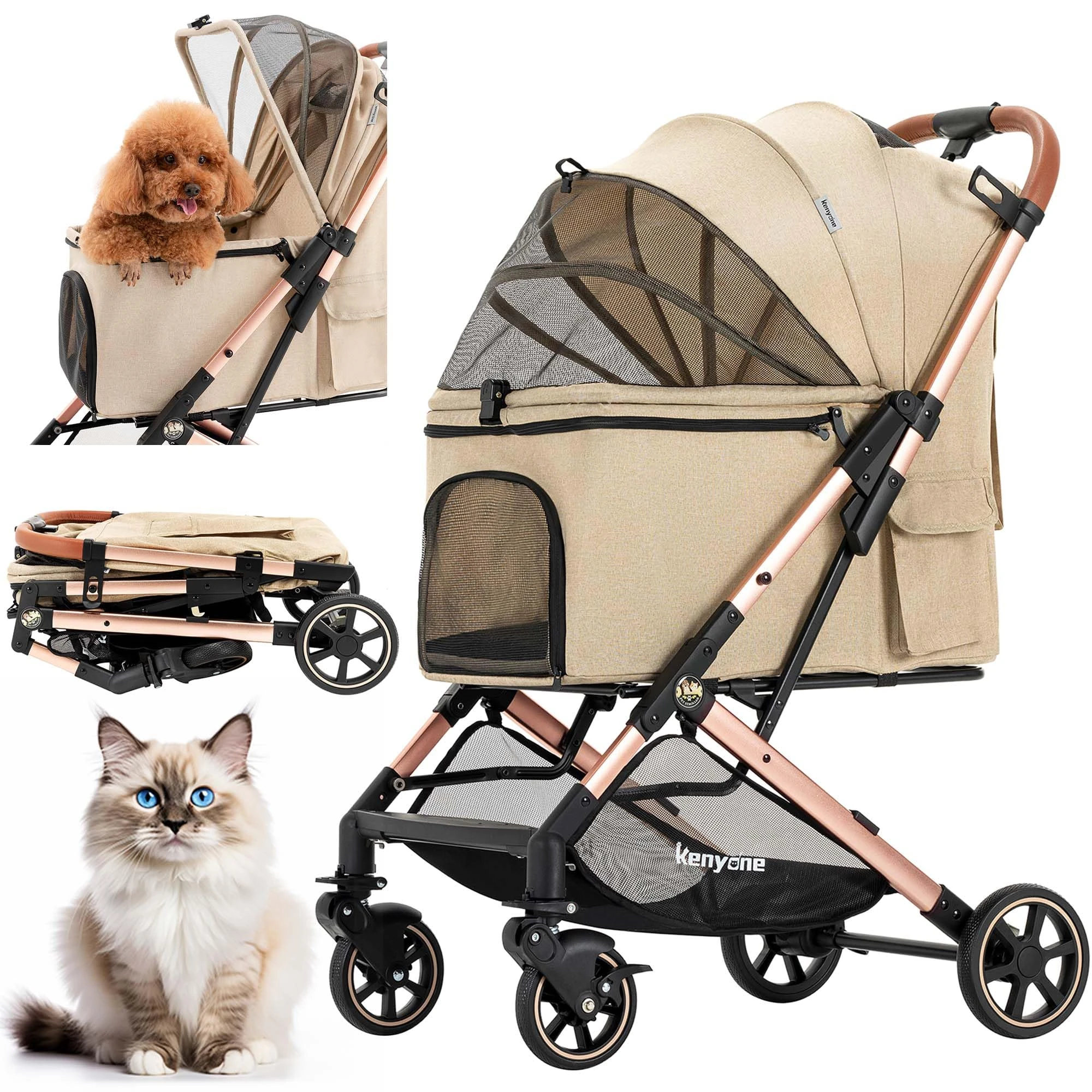 Kenyone Medium Dog Stroller - Up to 55lbs, Aluminum Frame, One Click Fold, No Zip Entry, Detachable Mesh, Multiple Pockets