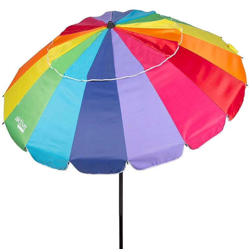 AKTIVE 62280, Folding and Tilting Beach Umbrella Ø240 cm, UV 50 Protection, Beach Windscreen, Large Parasol Umbrella, Rainbow Beach Parasol