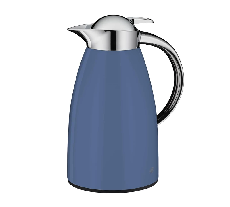 alfi SIGNO 1.0 L, Blue Matt, Stainless Steel Vacuum Flask with Hygienic Tempered Glass Insert, Screw Cap with Comfortable Push Button, Ergonomic Handle, with One Hand, Ideal as a Coffee Pot, Teapot