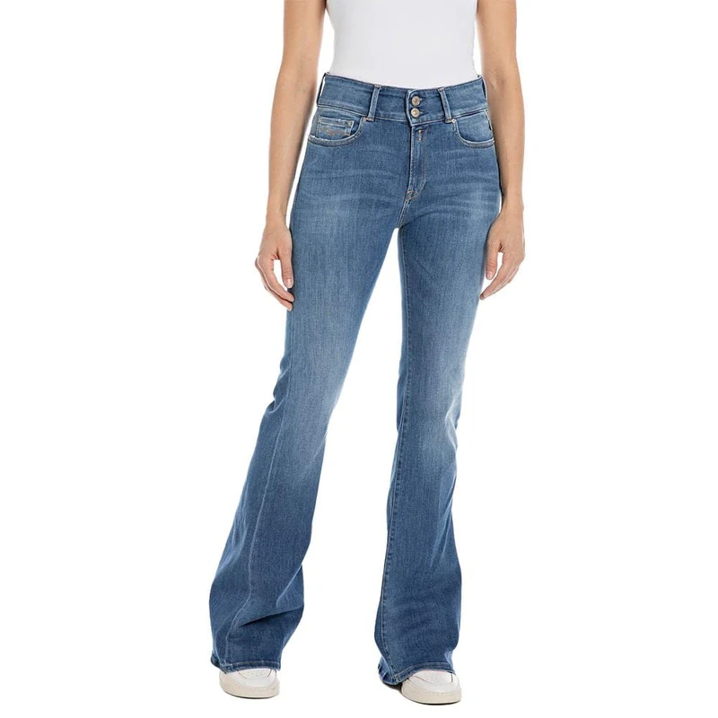 Replay women's jeans flared trousers with power stretch, blue (medium blue 009), 25W / 32L