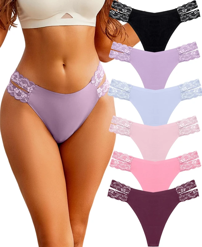 BeReady Seamless Thongs - Sexy Lace Knickers Multipack V Waist Invisible Thongs Pack of 6