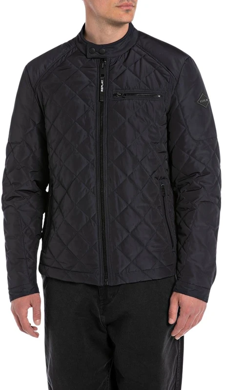 Replay men's quilted jacket, transition jacket without hood, blue (Deep Blue 498), L