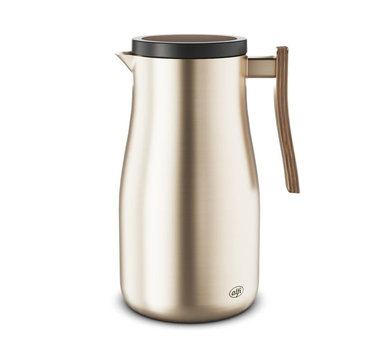 alfi Studio Allure 1.0 L, Champagne Gold with Wooden Elements, Double-Walled Stainless Steel, Thermos Flask Keeps Warm for 12 Hours, Cold for 24 Hours, Screw Cap, Large Opening, BPA-Free