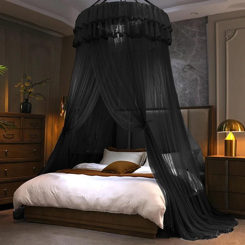 Kertnic Mosquito Net Bed Canopy for Girls, Princess Canopy Bed Curtain Fine Sheer Mesh Dome, Kids & Adults Lace Tent for Twin Full Queen King Bed (Black)