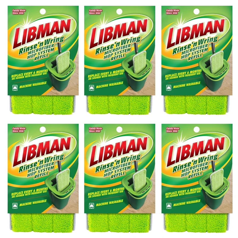 Libman Rinse 'n Wring Mop and Bucket System Refills | Microfiber Floor Mop | Hardwood Floor Cleaner | Wet & Dry Mop | 6 Total Microfiber Refill Pads