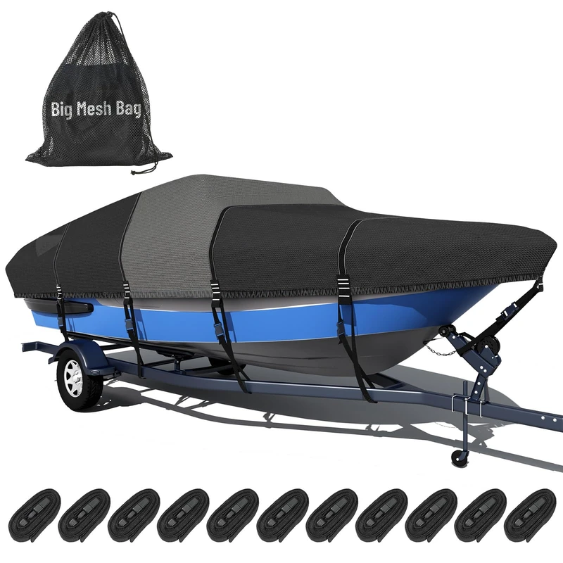 Tuszom Trailerable Boat Cover, 600D Solution-Dyed Bass Boat Cover Heavy Duty 100% Waterproof Boat Covers Fits 20-22 FT V-Hull Tri-Hull Runabout Fishing Ski Pro-Style Bass Boats, Beam width up to 100''