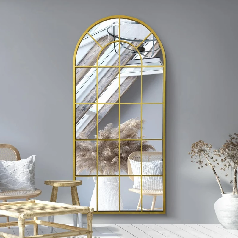 MirrorOutlet The Arcus - Gold Framed Window Modern Full Length Arched Leaner/Wall Mirror 71" X 33.5" (180CM X 85CM) Silver Mirror Glass with Black All weather Backing.