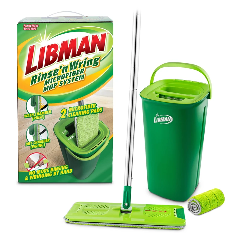 Libman Rinse 'n Wring Mop and Bucket System | Microfiber Floor Mop | Hardwood Floor Cleaner | Wet & Dry Mop | Clean & Dirty Water Chambers | Squeegee Blades | 2 Total Microfiber Pads