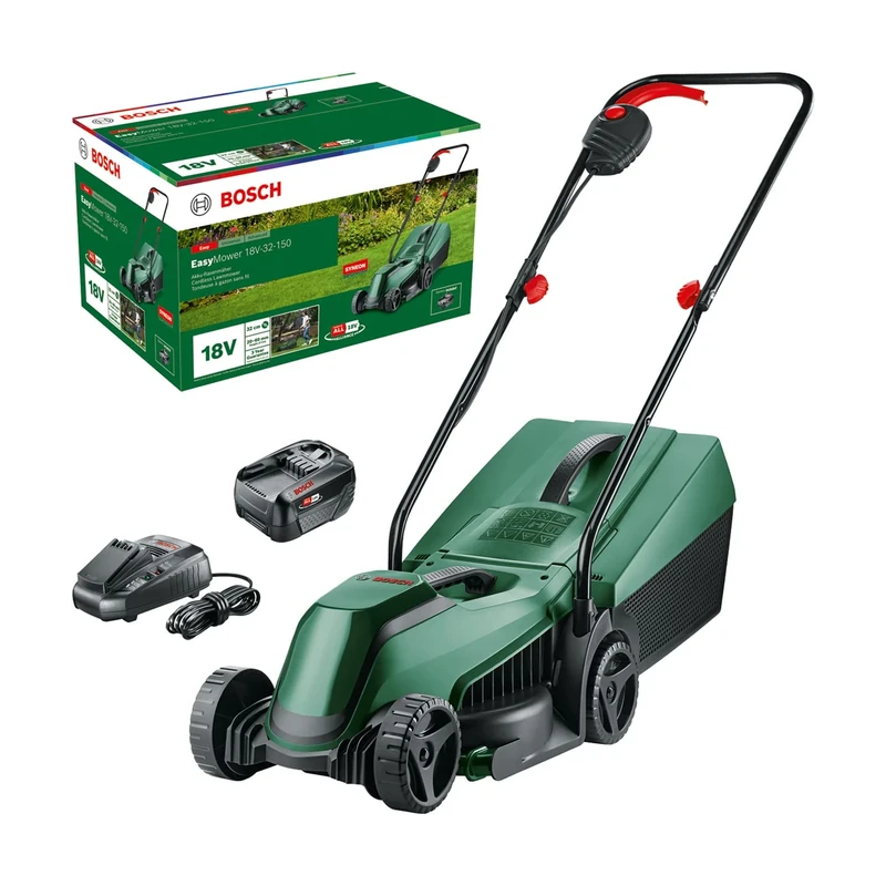 Bosch Cordless Lawnmower EasyMower 18V-32-150 (Up to 100 m2 with a 3.0 Ah Battery; 18 Volt System; Cutting Width: 32 cm; with Charger and 3.0 Ah Battery)