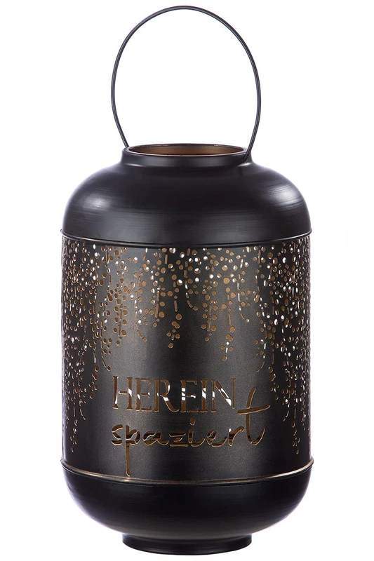 GILDE Lantern XXL – Large Lantern with Lettering "Herein spazier" – Colour Inside Gold/Black Outside – Diameter 24 cm Height 50 cm