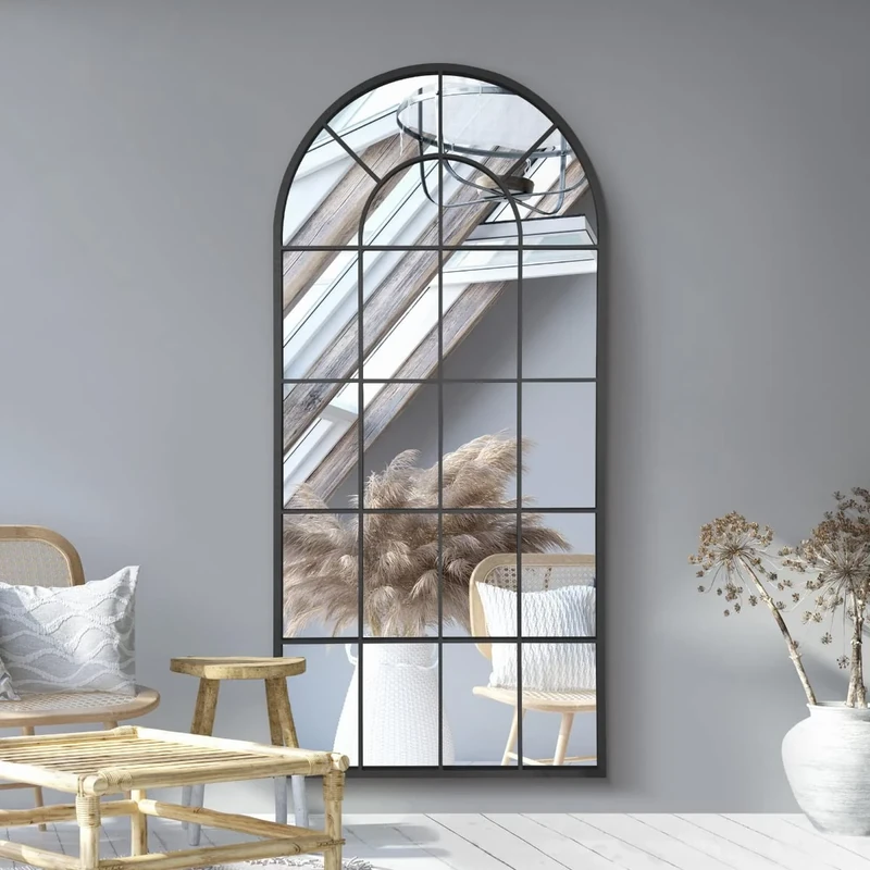 MirrorOutlet The Arcus - Black Framed Window Modern Full Length Arched Leaner/Wall Mirror 71" X 33.5" (180CM X 85CM)