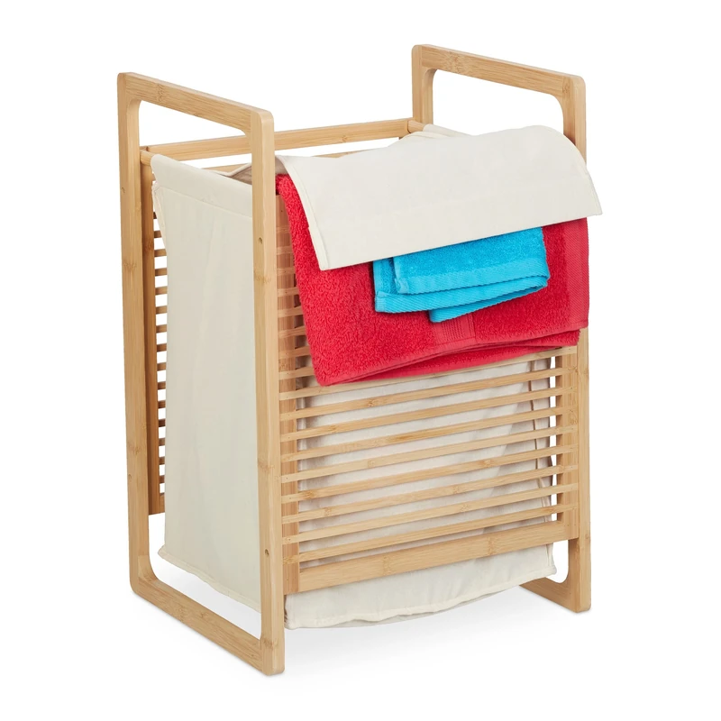 Relaxdays Bamboo Laundry Basket, Square, with Handles & Lid, HxWxD: 60 x 40 x 35 cm, Hamper & Toy Storage, Natural/Cream