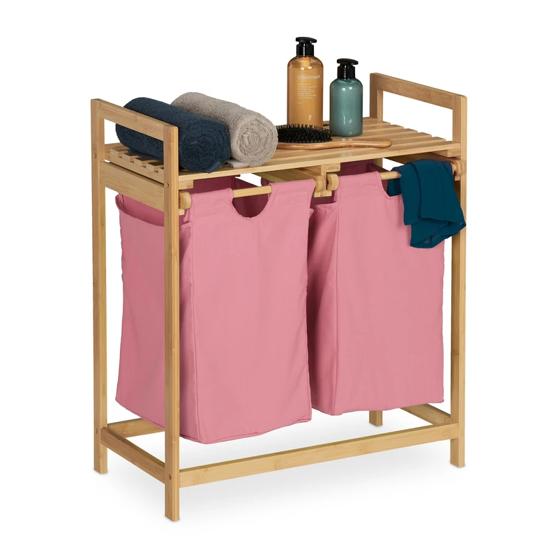 Relaxdays Bamboo Laundry Basket, Pull Out, 2 Compartments, Washing Hamper with Shelf, 73 x 64 x 33 cm, Natural/Pink