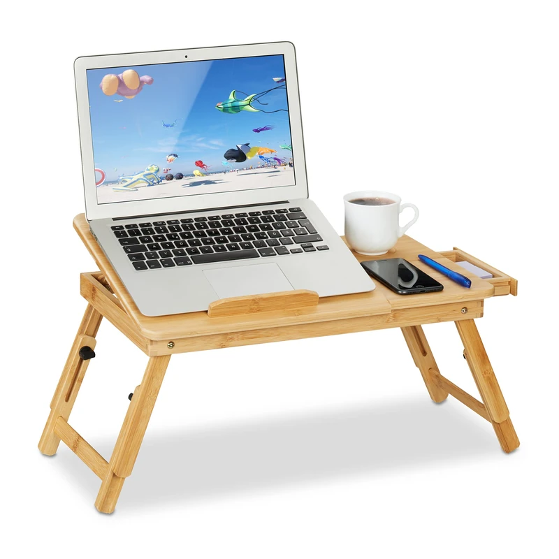 Relaxdays Laptop Stand, for Bed & Couch, Bamboo, Foldable, Height-Adjustable, Tiltable Tray, with a Drawer, Natural, 49 x 61 x 30 cm