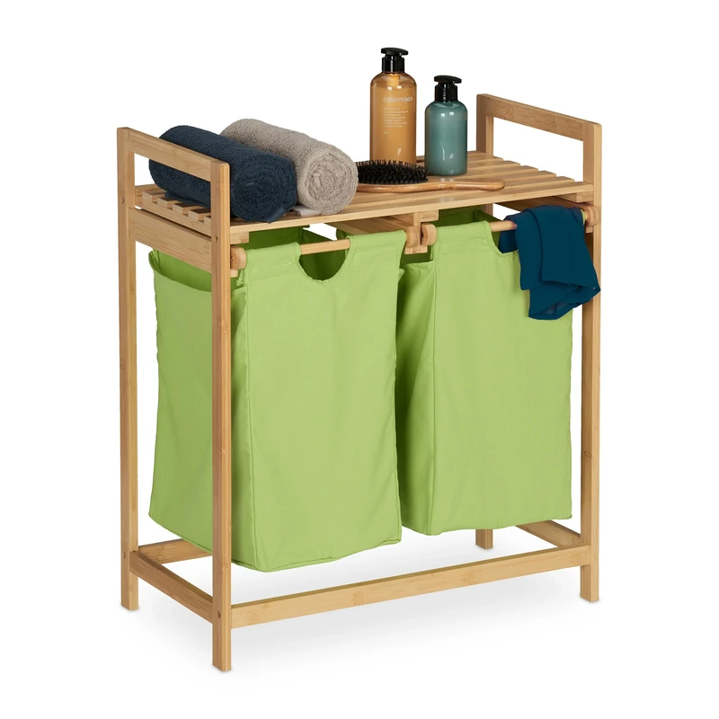 Relaxdays Bamboo Laundry Basket, Pull Out, 2 Compartments, Washing Hamper with Shelf, 73 x 64 x 33 cm, Natural/Green