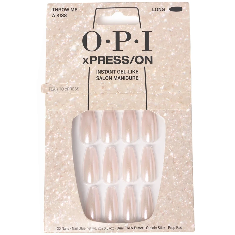 OPI xPRESS-ON Throw Me a Kiss - Pink Shimmer Long and Coffin Shaped Press On Nails - With Nail Glue - Long Lasting, Reusable and Non-Damaging False Nails