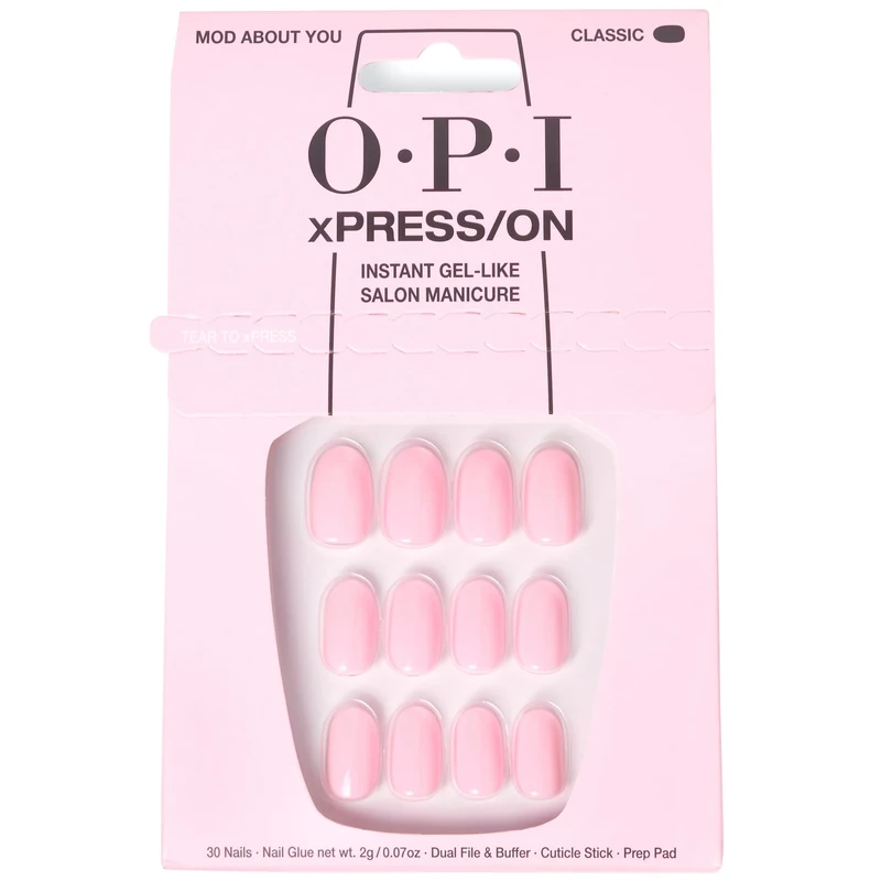 OPI xPRESS-ON Mod About You - Light Pink Short and Round Shaped Press On Nails - With Nail Glue - Long Lasting, Reusable and Non-Damaging False Nails