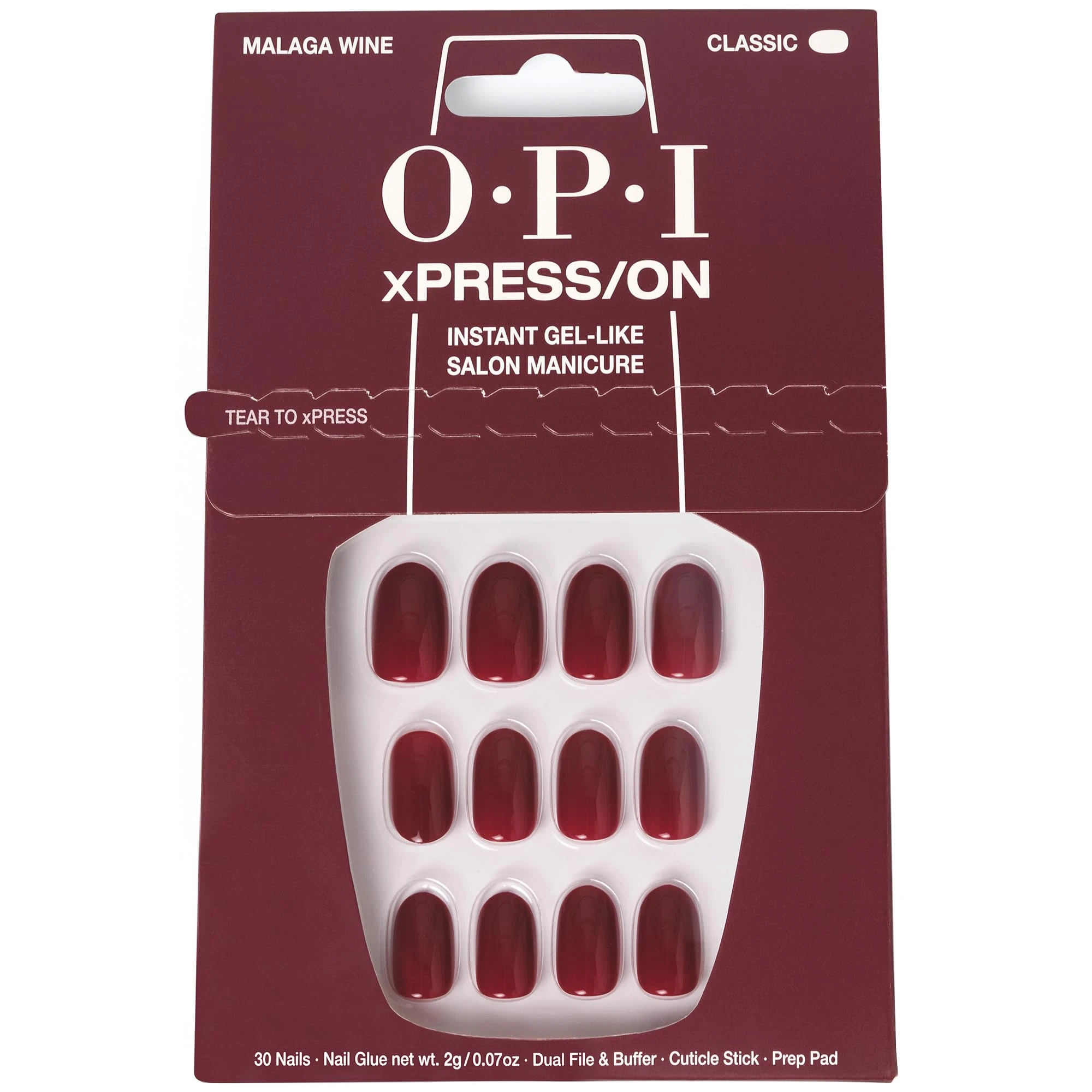 OPI xPRESS/ON Malaga Wine - Dark Red Short Round Press On Nails - With Nail Glue - Long Lasting, Reusable & Non-Damaging Short False Nails