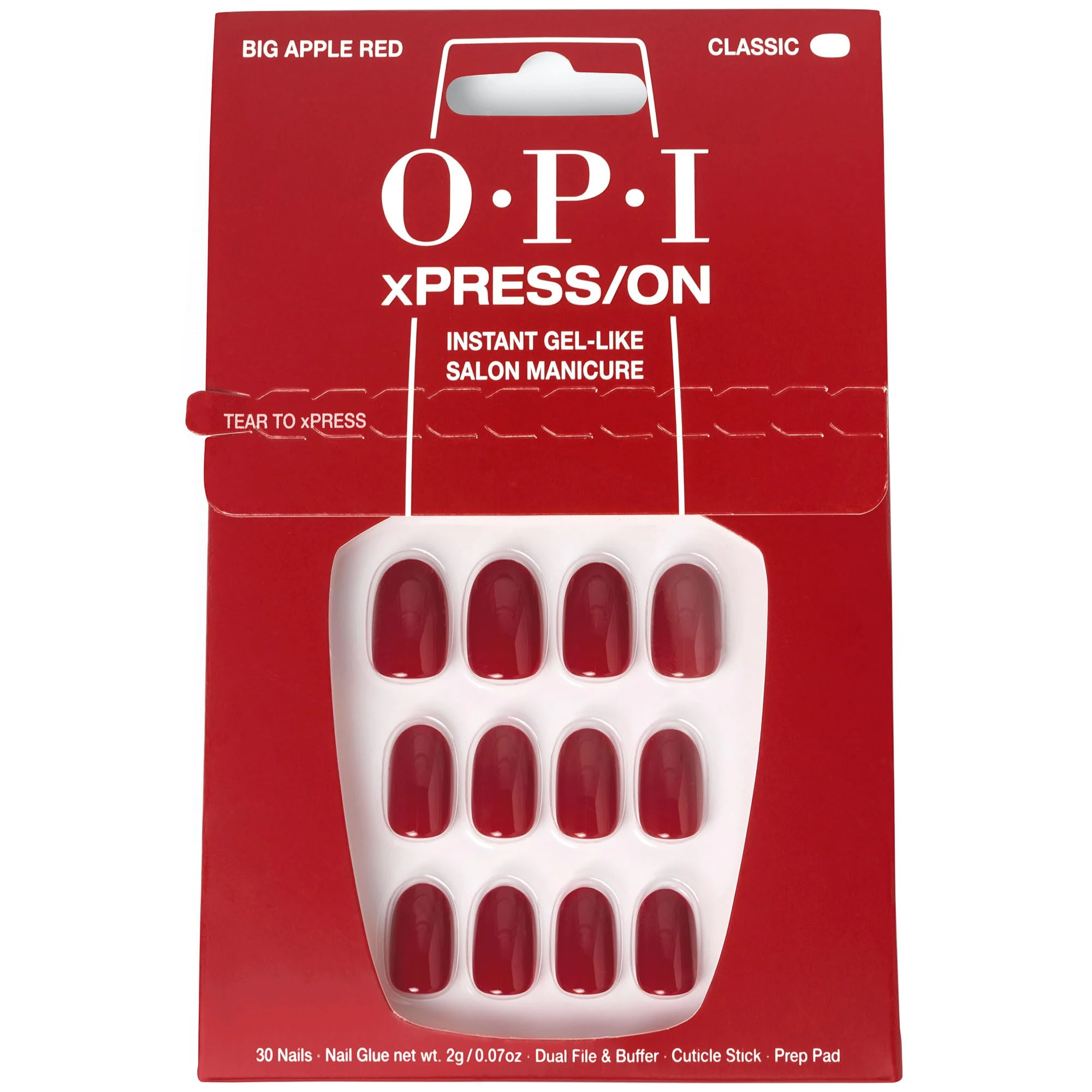 OPI xPRESS/ON Big Apple Red - Classic Red Short Round Press On Nails - With Nail Glue - Long Lasting, Reusable & Non-Damaging Short False Nails