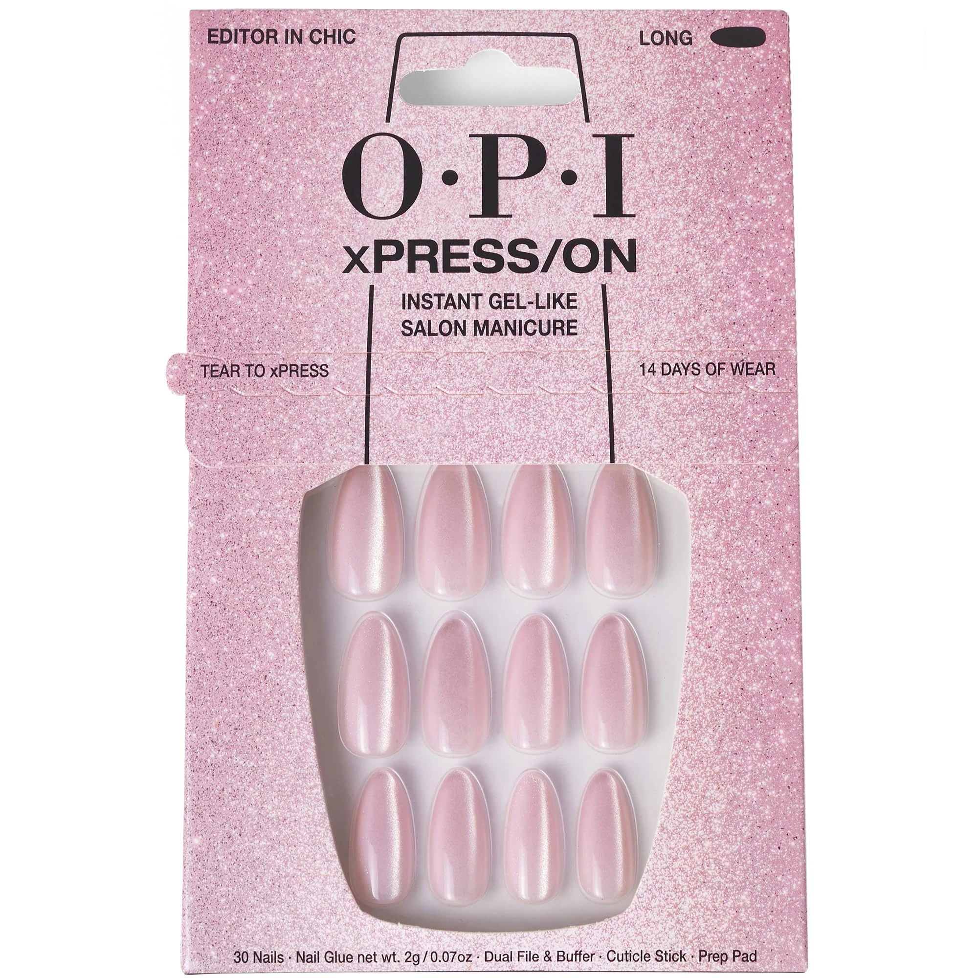 OPI xPRESS-ON Editor in Chic - Baby Pink Velvet Long and Almond Shaped Press On Nails - With Nail Glue - Long Lasting, Reusable and Non-Damaging False Nails