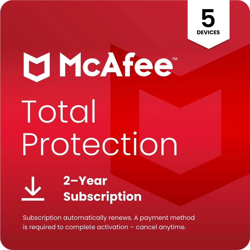 McAfee Total Protection 5-Device 2025 | 24-Months| Antivirus, VPN, Scam Protection, Identity Monitoring | 2 Year Subscription with Auto-Renewal | Digital download