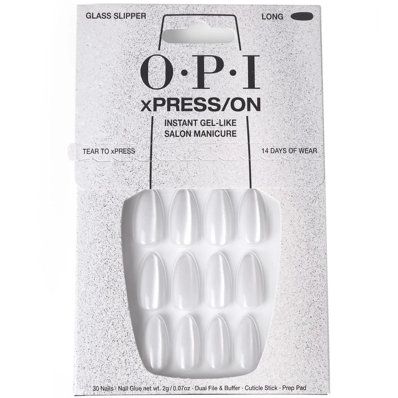 OPI xPRESS-ON Glass Slipper - Soft White Velvet Long and Almond Shaped Press On Nails - With Nail Glue - Long Lasting, Reusable and Non-Damaging False Nails