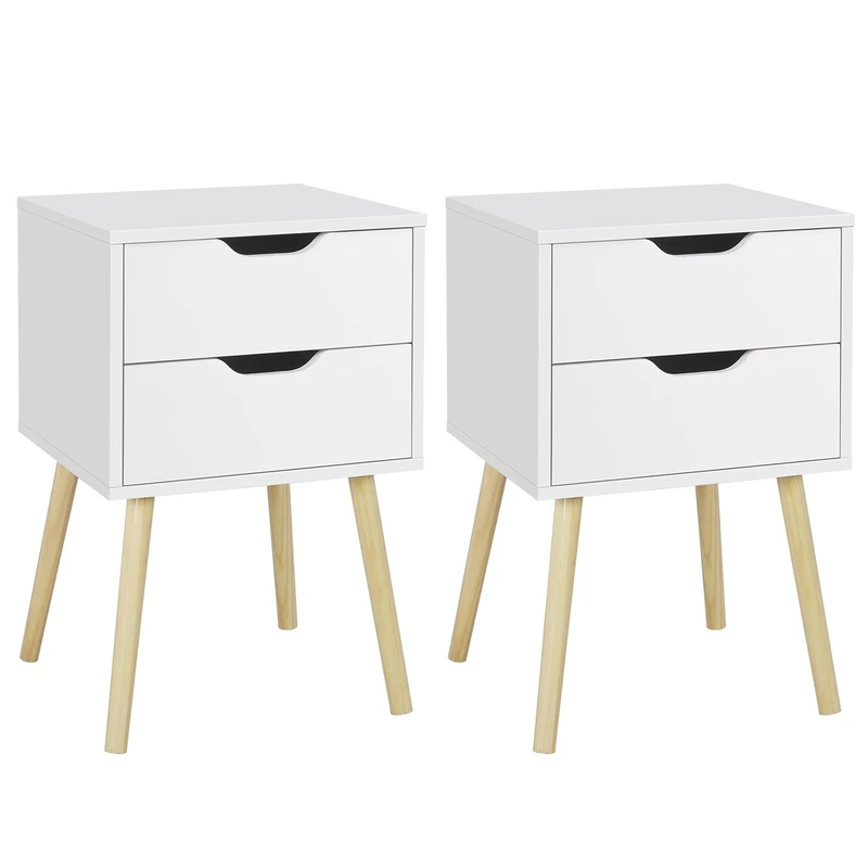 Yaheetech 2pcs Bedside Tables, Nightstand Cabinet Unit with 2 Drawers Storage, Set of 2 Modern Sofa Side End Table Lamp Table with Solid Pine Wood Legs for Living Room/Bedroom, 40 x 40 x 61cm, White