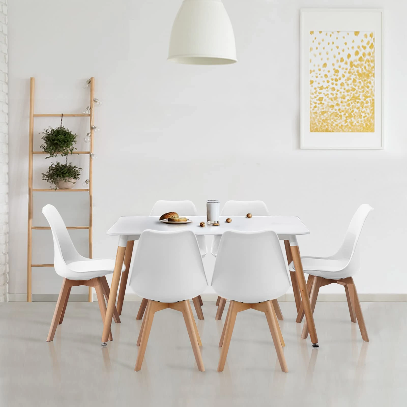 Homcasa White Dining Table and Chairs Set 6,120cm Rectangular Kitchen Table Modern PU Padded Seat Dining Chairs with Wood Legs, Contemporary Compact Dining Room Set (White)