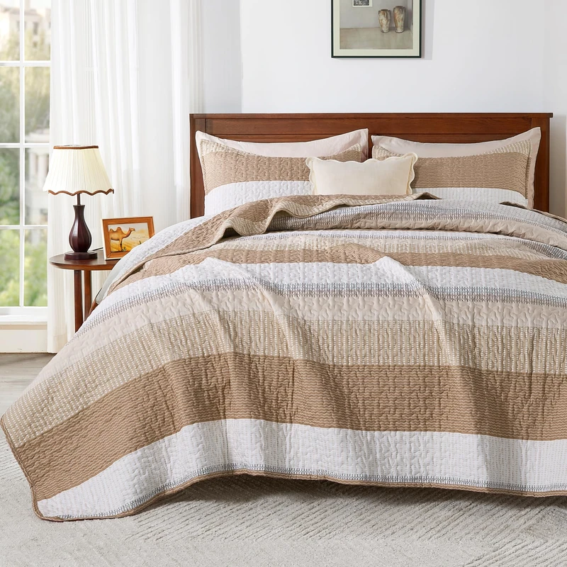 Andency King Size Quilt Set Taupe, 3 Pcs Bedspreads & Coverlets