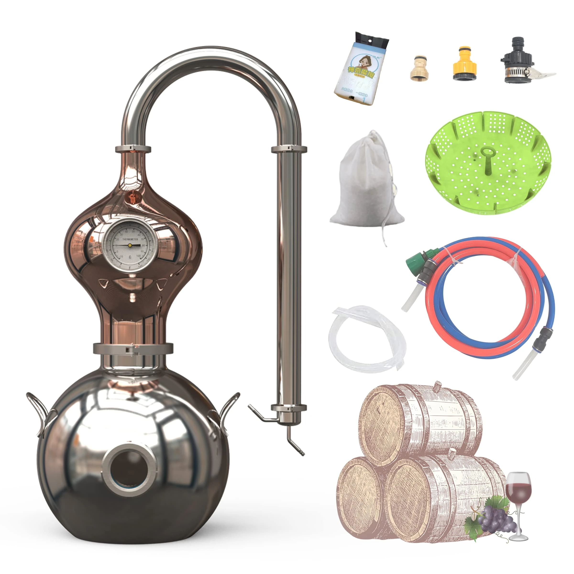 HOOLOO D15 Distiller Still for Home Use Kit 304 Stainless Steel Making Kit with Thermometer Hydrosol Essential Oil Alcohol Brandy Vodka 4Gal (D15-12Liters/3Gal -Direct fire Heating)
