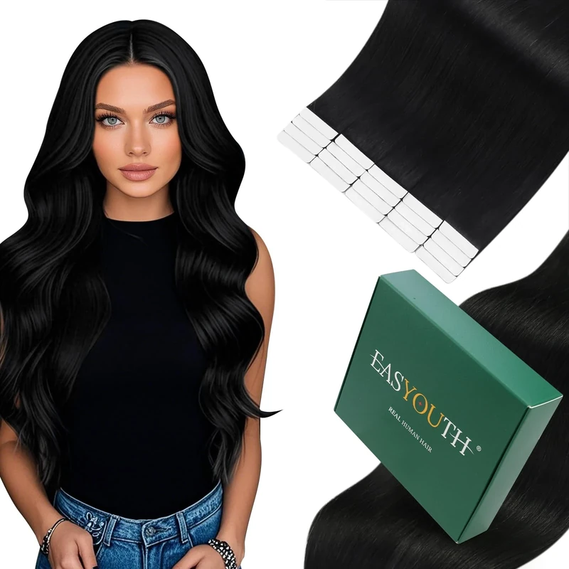 Easyouth Black Tape in Hair Extensions Human Hair Invisible Tape in Extensions Real Hair Jet Black Human Hair Tape in Extensions Skin Weft 24 Inch 50g 20Pcs #1