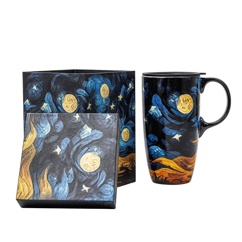 Topadorn Ceramic Travel Mug with Lid and Handle Gift for Coffee Lovers Ceramic Coffee Mug Latte Teacup Milk Mug in Color Box 17 Oz, Starry Sky