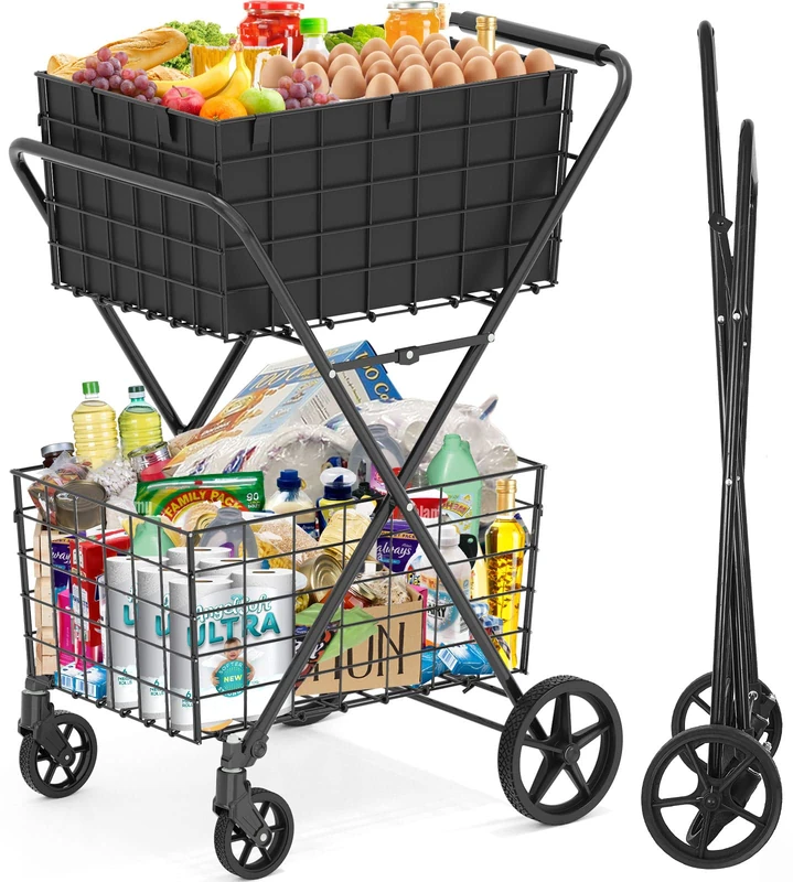 [2025NEW] 2-Tier Extra Large Collapsible Grocery Cart On Wheels, 400lbs Shopping Cart For Groceries With 2 Removable Baskets, Waterproof Liner, Heavy Duty Foldable Shopping Utility Cart For Seniors - Image 1