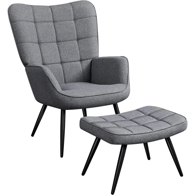 Yaheetech Armchair with ottoman Set, Modern Linen Fabric Accent chair with Footrest Oversized Tub Chair with High Back and Metal Legs for Living Room Bedroom, Gray