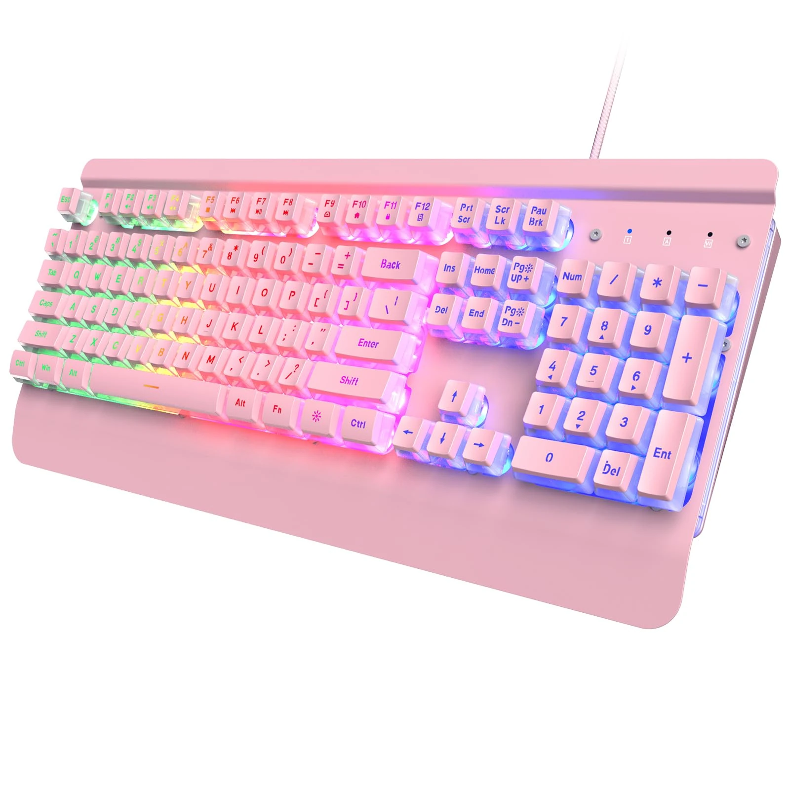 Dacoity Pink Gaming Keyboard, 104 Keys, All-Metal Panel, Rainbow LED Backlight, Quiet Creamy Keyboard, Palm Rest, PBT Keycap, Anti-Ghosting Keys, Illuminated USB-T