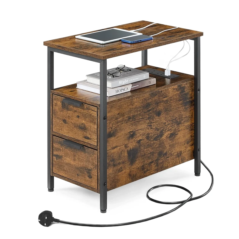 VASAGLE Slim Side Table with Charging Station, Narrow End Table with 2 Drawers, Bedside Table with Storage, for Living Room, Bedroom, Rustic Brown and Classic Black LET326B01