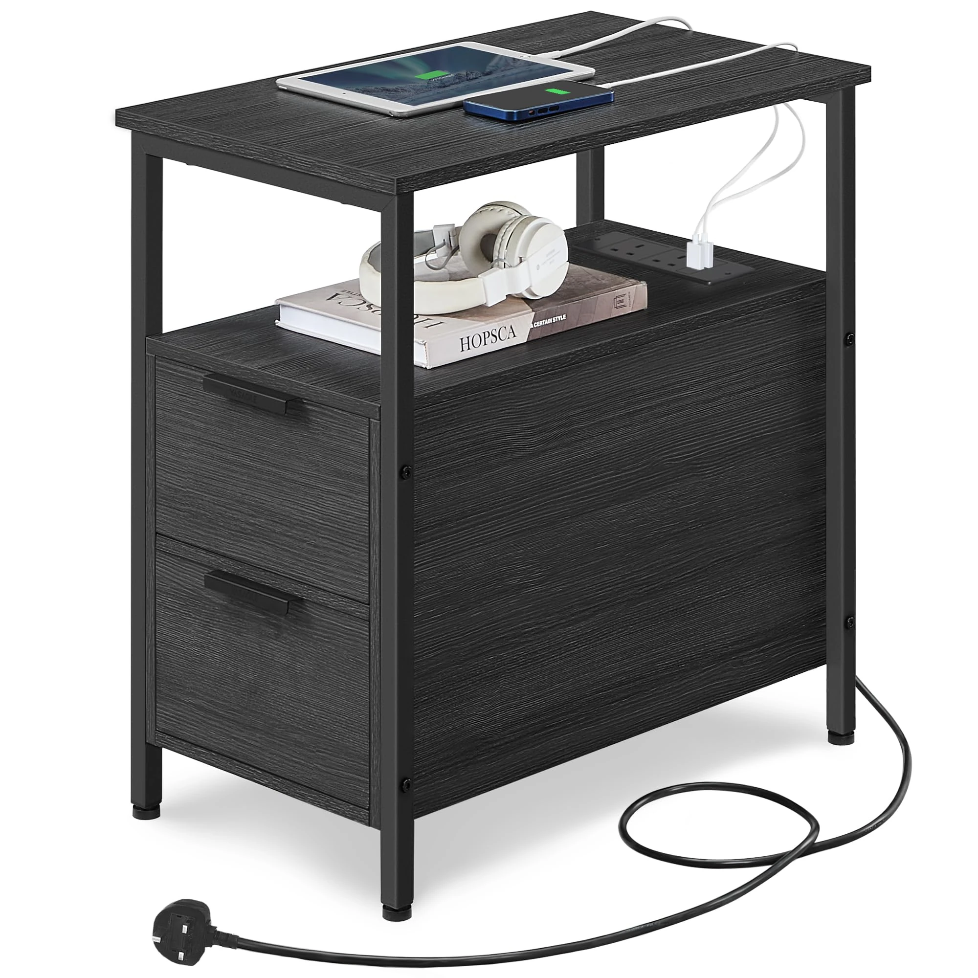 VASAGLE Slim Side Table with Charging Station, Narrow End Table with 2 Drawers, Bedside Table with Storage, for Living Room, Bedroom, Charcoal Grey and Classic Black LET326B22