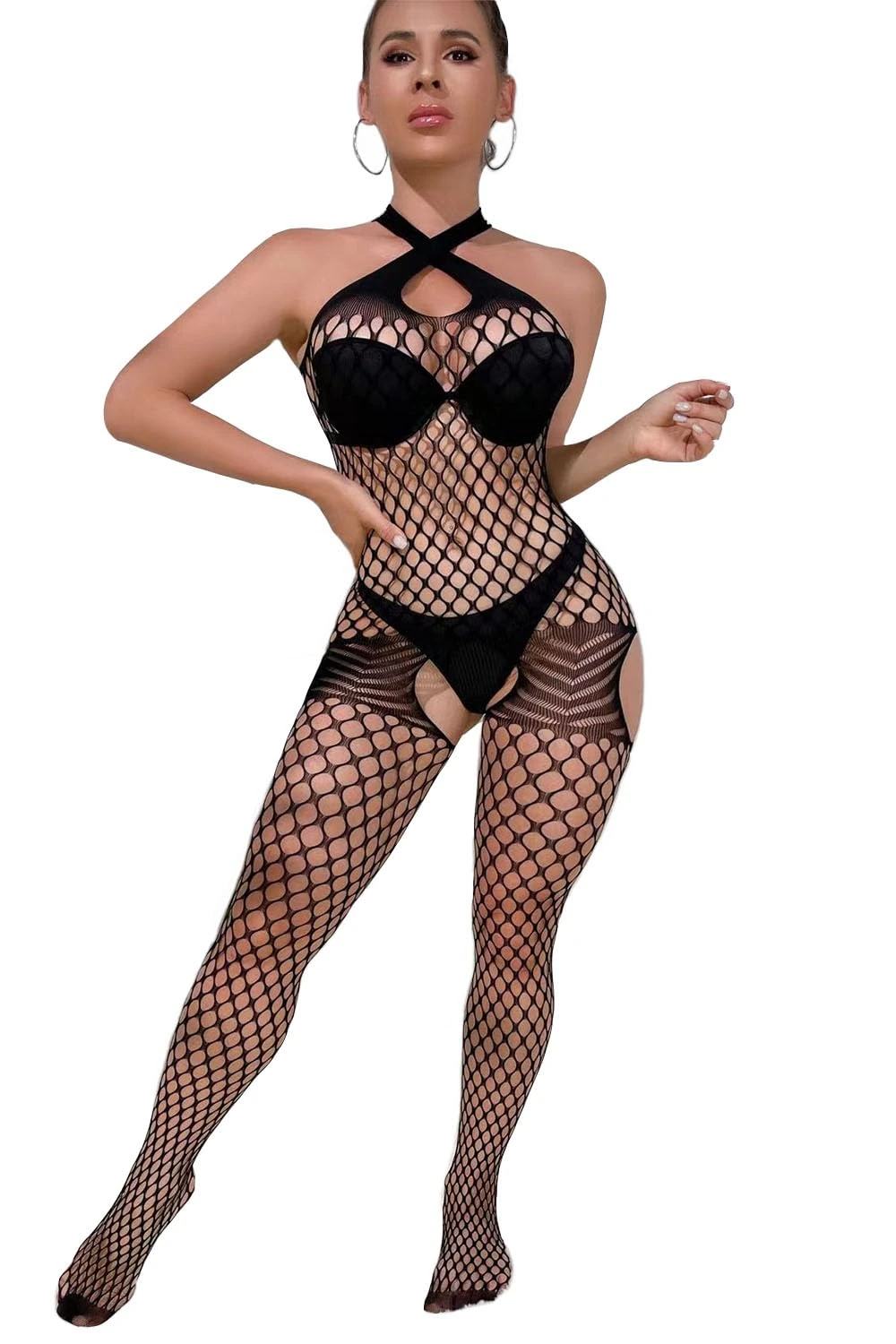 JRD&BS WINL Women's Sexy Fishnet Lingerie Underwear Bodysuit Women Babydoll Lingerie Nightwear Mesh Hollow Out Bodystocking for Women Gifts (Black)
