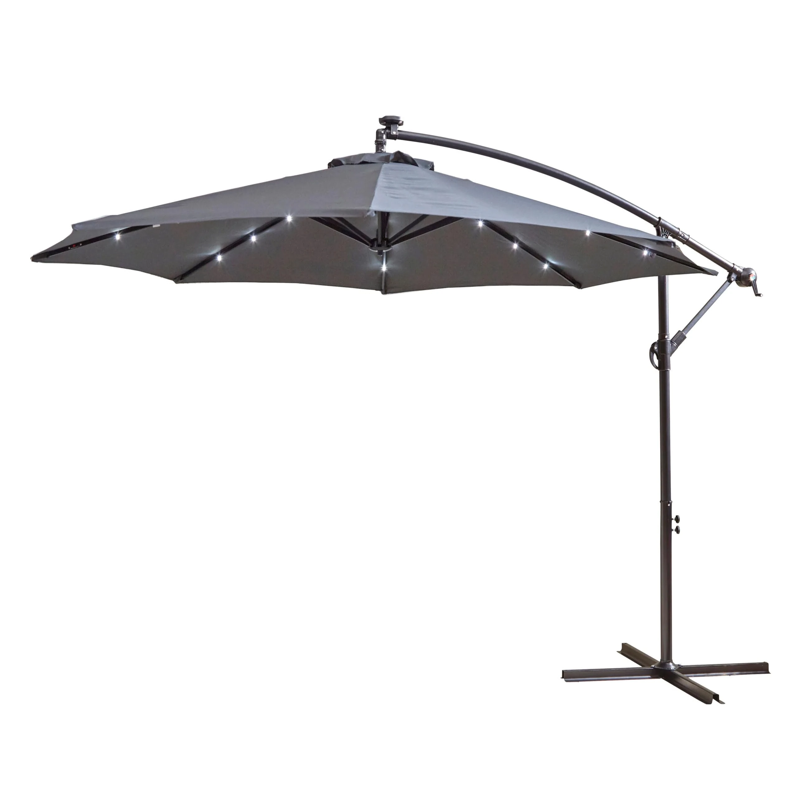 Neo 3M Garden Banana Outdoor Waterproof Freestanding Parasol LED Lights Hanging Cantilever Umbrella Sun Shade with Crank Handle Cross Base (Grey)