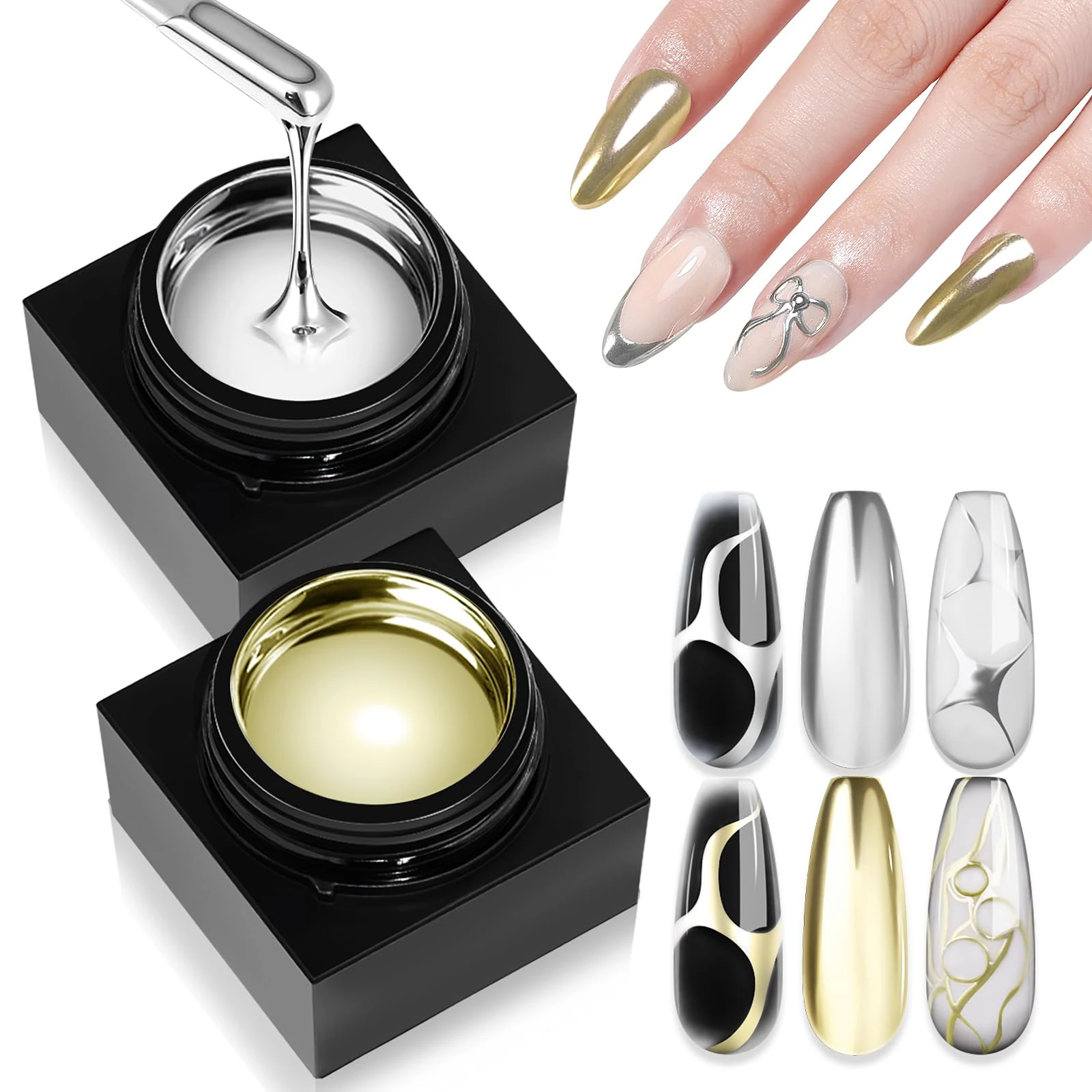 SAVILAND Metallic Gel Nail Polish Set, Silver & Gold Mirror Chrome Gel with High-Shine Metallic Finish Nail Art 3D Effect Soak Off U V LED Painting Drawinggel for Beginners Home DIY Salon Use