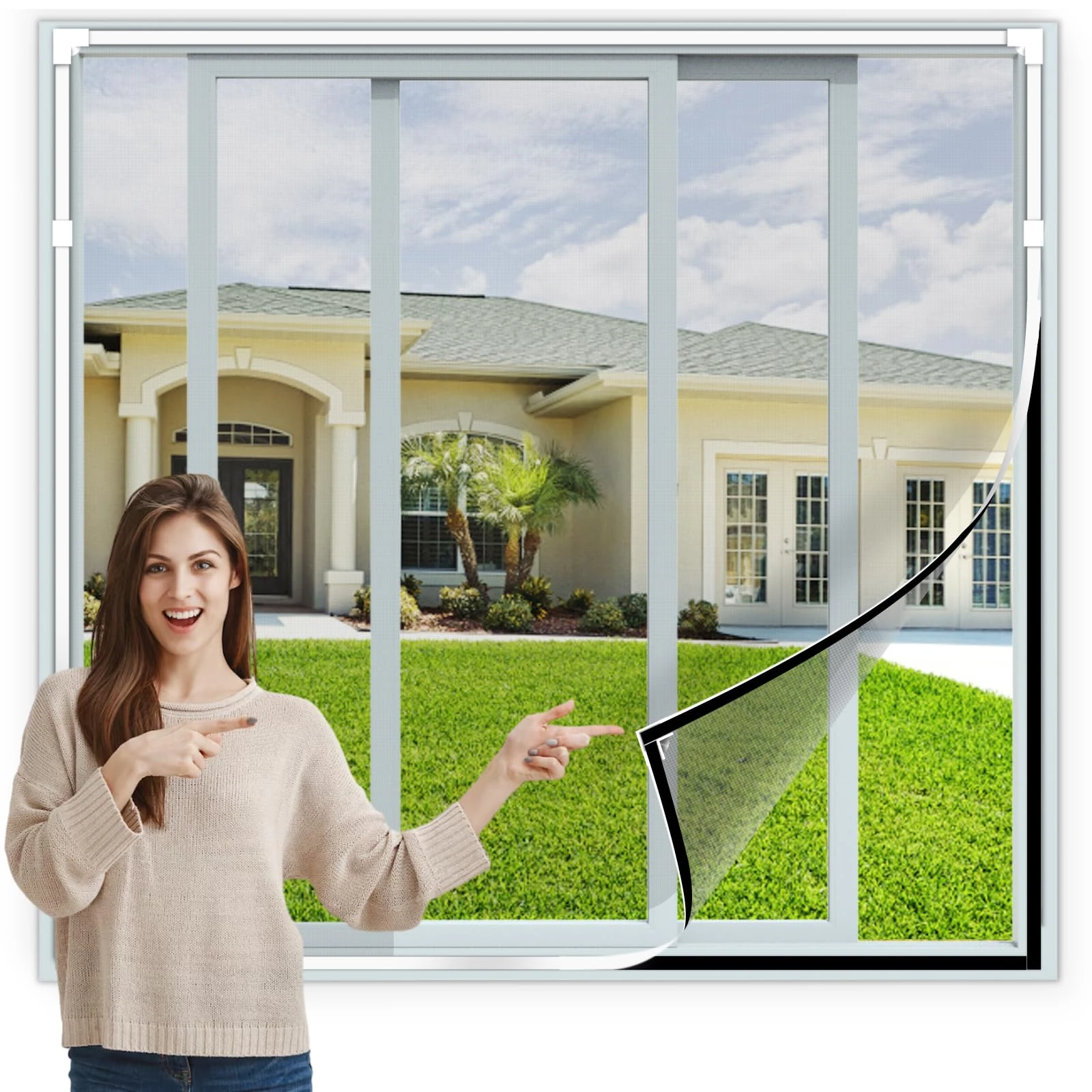 Magnetic Fly Screen Window Adjustable DIY Max 150x130cm Fiberglass Screen Mesh Fits Any Size Smaller with White Window Frames and Grey Mesh