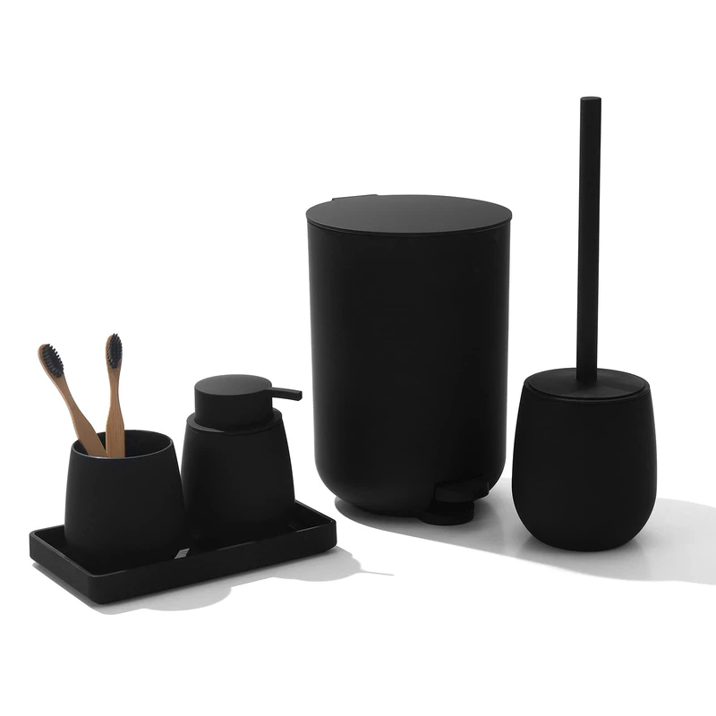 GAHEFY Black Bathroom Accessories Set with Small Trash Can 3L Toothbrush Holder Soap Dispenser Dressing Table Toilet Brush and Holder 5 Pack