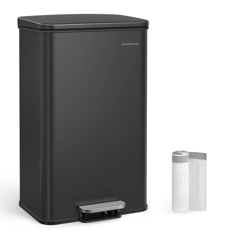 SONGMICS Kitchen Bin, 10.5 Gallon (40L) Rubbish Bin, Large Step Bin with Lid, Steel, Soft Close, 15 Liner Bags Included, Black LTB540B4002