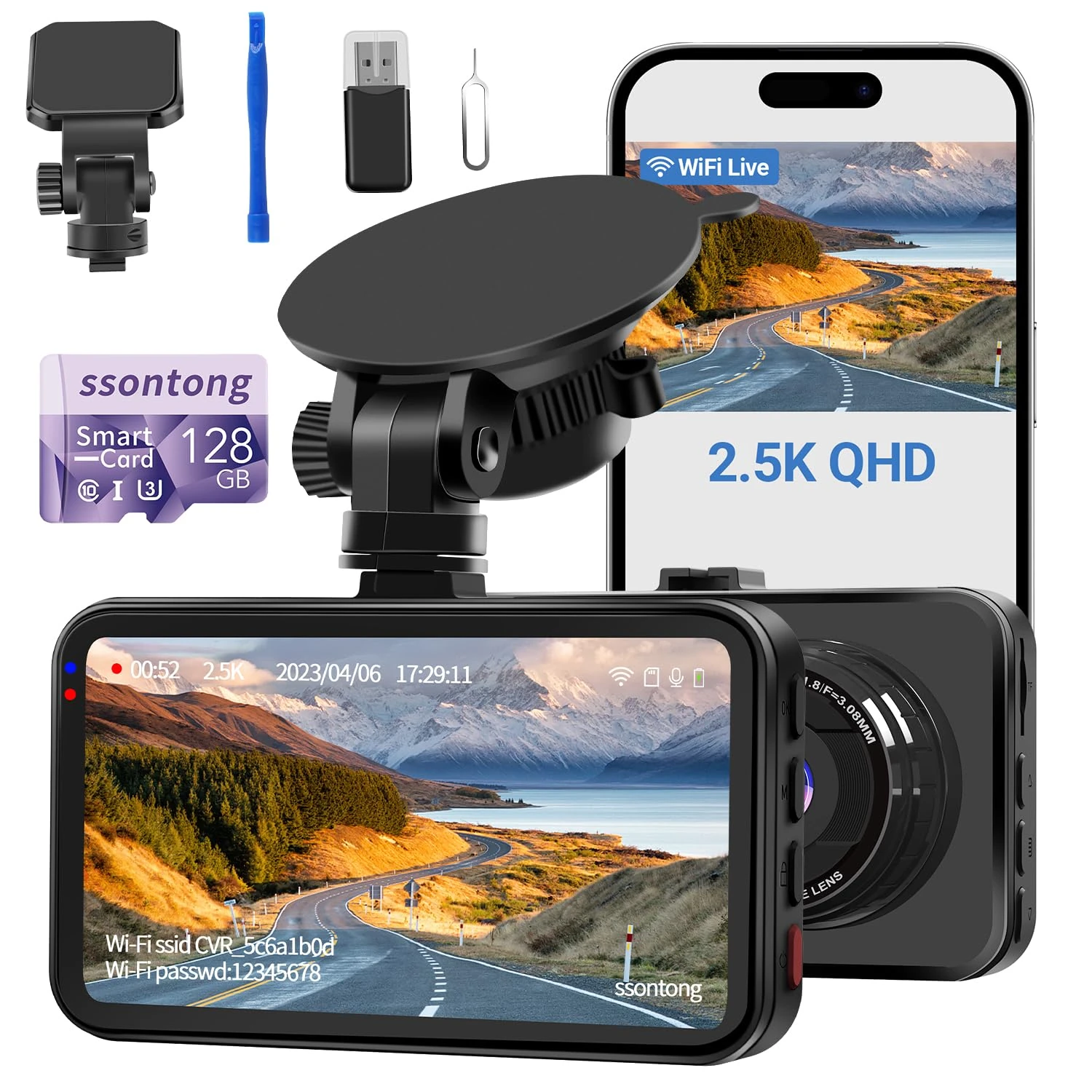 Dash Cam WiFi, Car Camera Dash Cam with 128GB Card Dashcam 2.5K QHD 1440P Dashcam Front, Dash Cameras W/APP, Night Vision, 170° Wide Angle, G-sensor, Parking Monitor for Cars, Max Support 256G