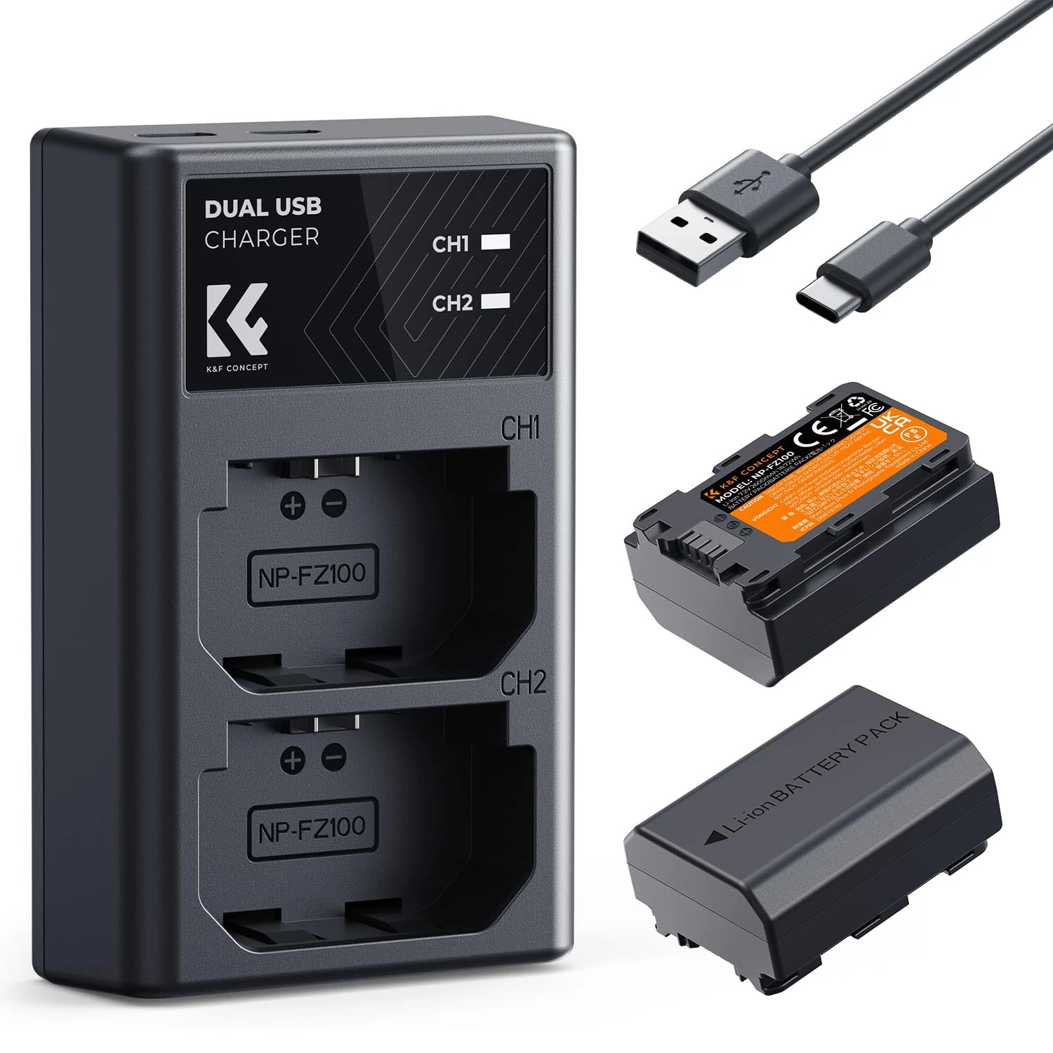 K&F CONCEPT NP-FZ100 Battery and Charger for Sony A7iv Battery Compatible With Sony A7III, A7C, FX3, FX30, A6600, A6700, A7RIV, A7Siii, ZV-E1, ZV-E10ii, Alpha 9 II, A9S, A1 Cameras, 2280mAh