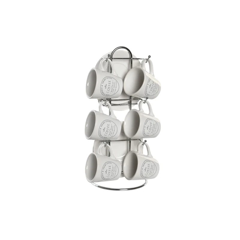 DKD Home Decor Brand White Metal and Stoneware Cup Set with Saucers (12 x 2 x 12 cm)