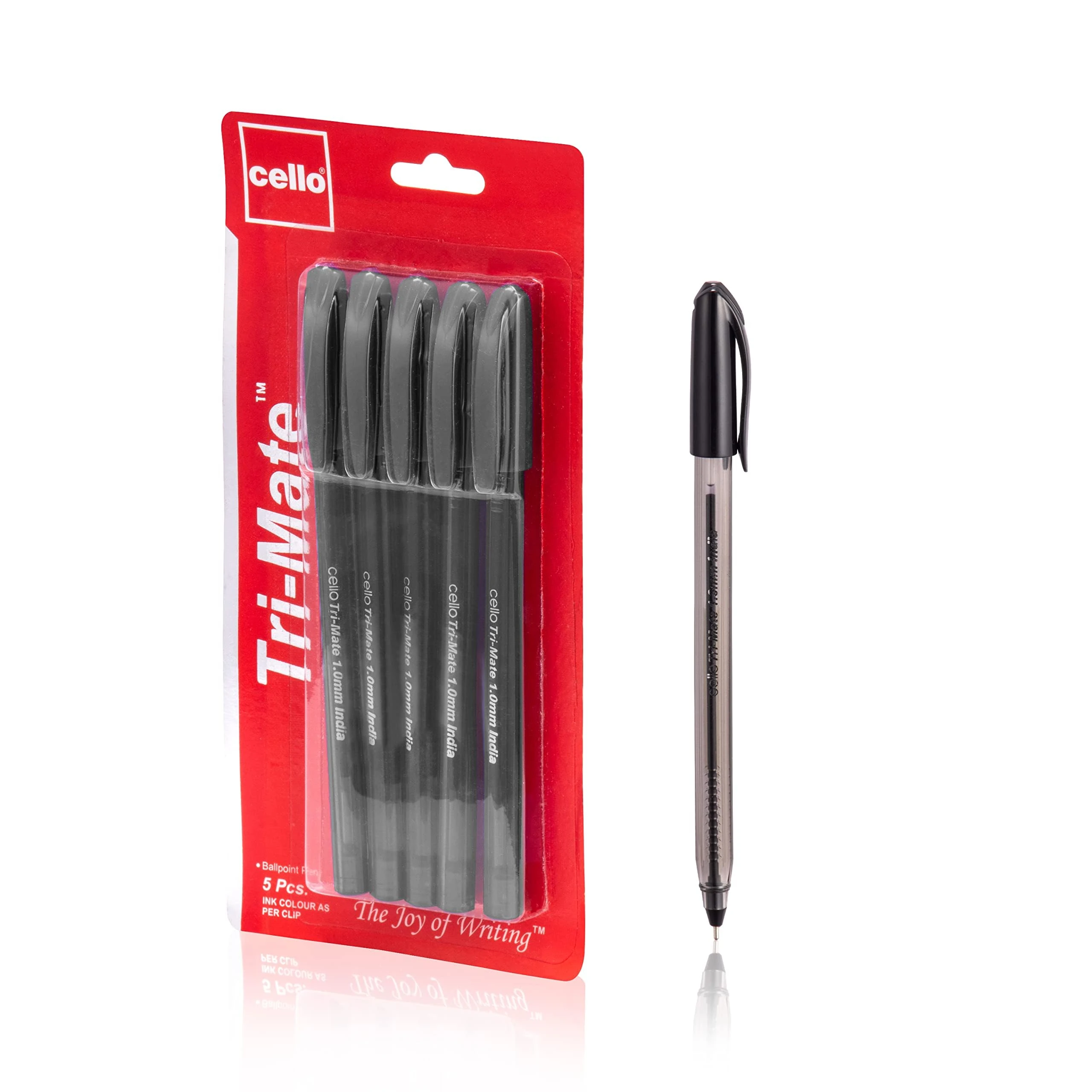 Cello Original Tri-Mate Triangular Barrel Ballpoint Pen Medium Point Biro (1.0mm) (Black, Pack of 5)