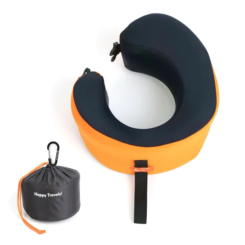 Cushion Lab Travel Pillow, Award-Winning Patented Ergonomic Design for Chin & Neck Support Memory Foam Neck Pillow, Compact Airplane Pillow for Traveling, Flight, Car (Dynamic Orange, Large)